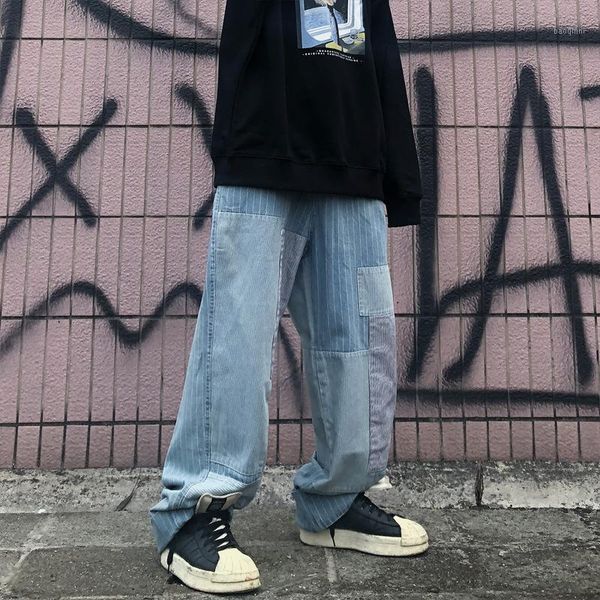 

male streetwear hip hop casual denim beggar pants men vintage patch stripe wide leg straight jeans trousers1, Blue