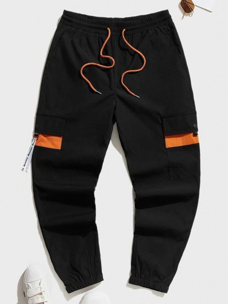 

men drawstring waist flap pocket cargo pants 00d5#, Black