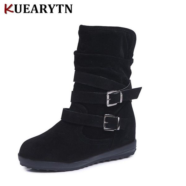 

large size 35-43 women's shoes middle tube flat buckle with plush women's boots 3-color a159, Black