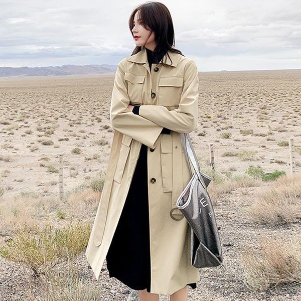 

spring women's windbreaker single-breasted lapel belt long-sleeved stitching trench coat ladies long solid color outwear z7541, Tan;black