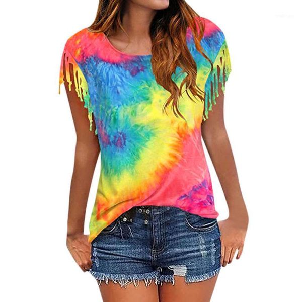 

tie dye t shirt women summer basic o neck ripped tassel short sleeve t shirts streetwear tee summer casual 20201, White