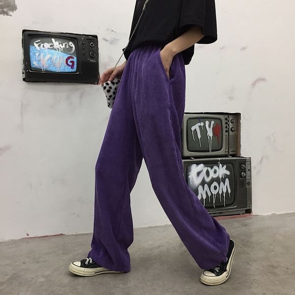 

harajuku pants women retro solid color elastic waist wide leg drawstring hem jogger harem trousers street purple pants 201012, Black;white