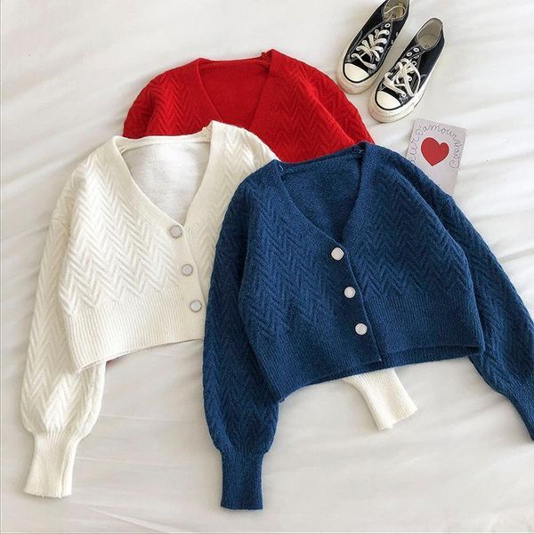 

new women vintage sweater fashion autumn winter v neck single breasted cropped sweaters female button up short cardigan1, White