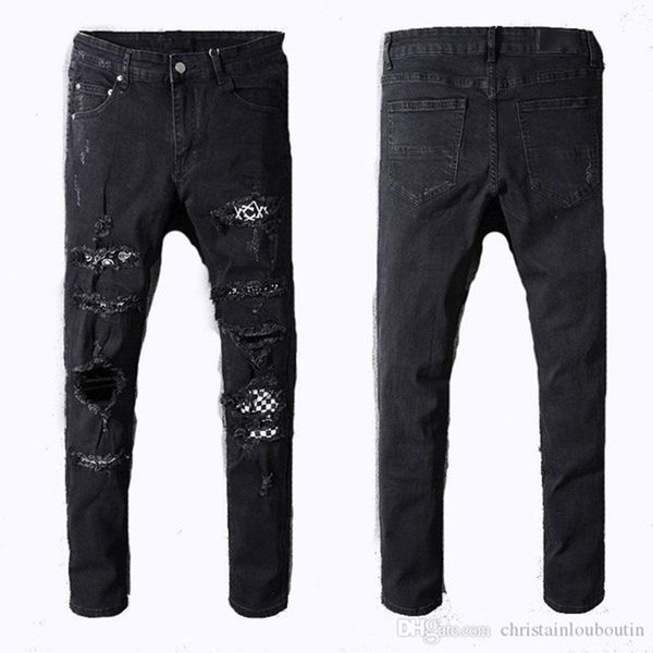 

men skinny jeans ripped holes jeans motorcycle biker denim pants fashion hip hop famous biker denim 18 colors denim jeans, Blue