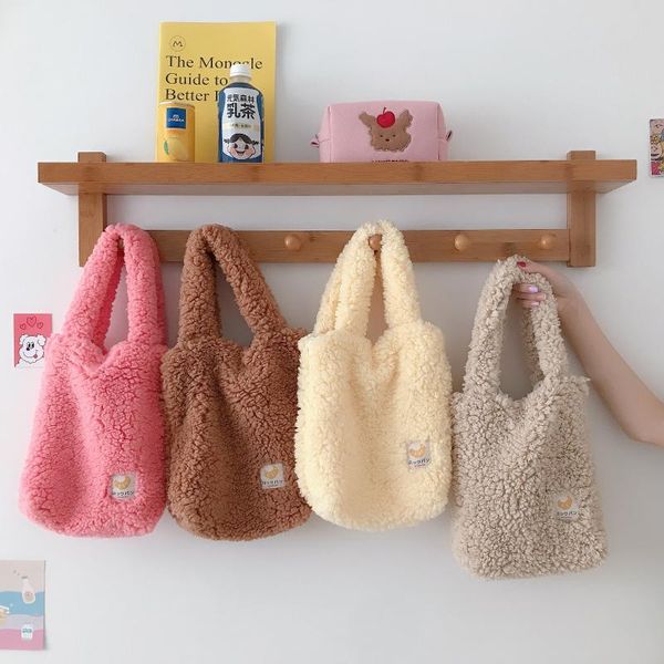 

women small plush tote handbags lamb like fabric wrist bags plain fluffy warm cloth makeup bag cute canvas purses for girls