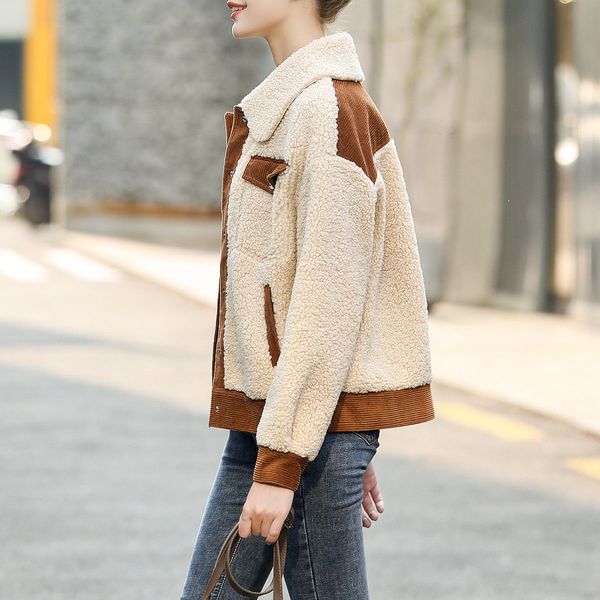 

2021 new womens button colar shearling jackets coats fashion streetwear outerwear, Black;brown