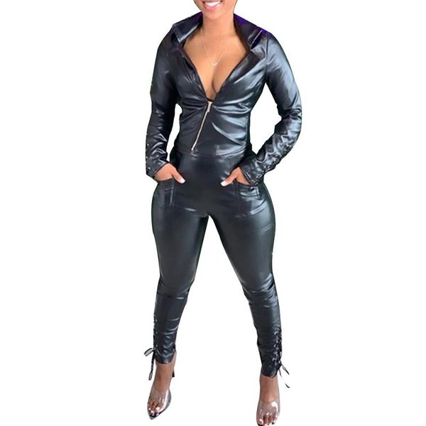 

xuru autumn and winter new women's pu jumpsuit suit with straps and two-piece slim jumpsuit, Black;white