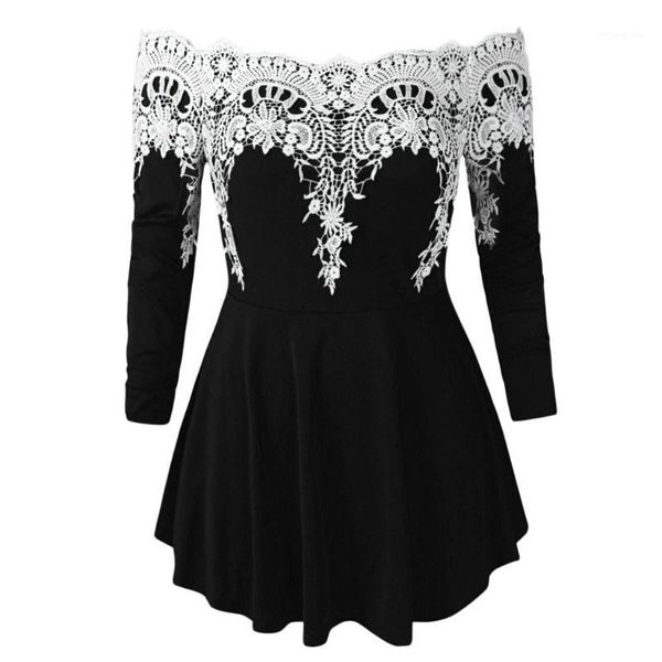 

2019 vestidos verano women casual lace plus size cold shoulder fashion applique t-shirt soft print slimming vintage shein1, White