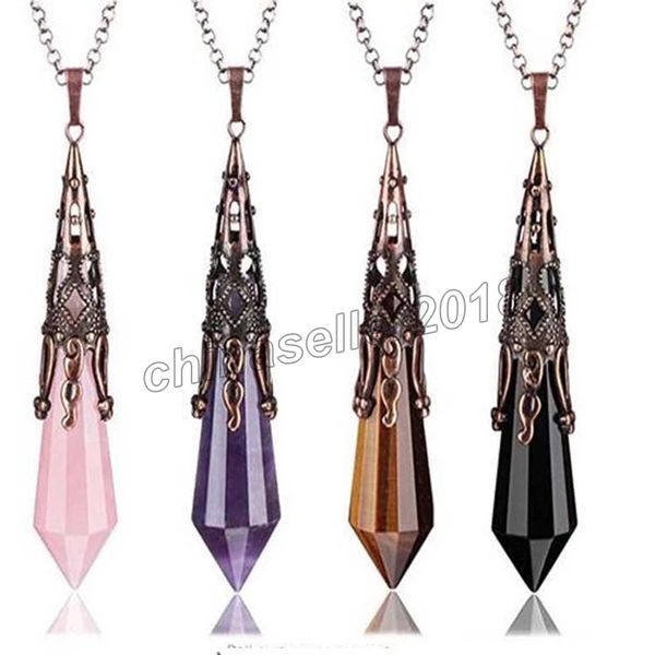 

faceted chakras natural crystal stone necklaces healing point pendulum for dowsing divination reiki quartz pendant pyramid wicca, Silver