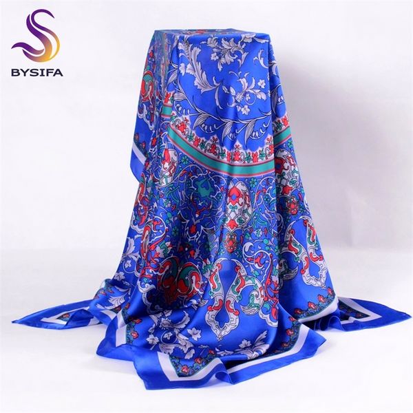 

bysifa] ladies shawl spring autumn women large square scarves new accessories blue silk head scarf cape 110*110cm y201007, Blue;gray