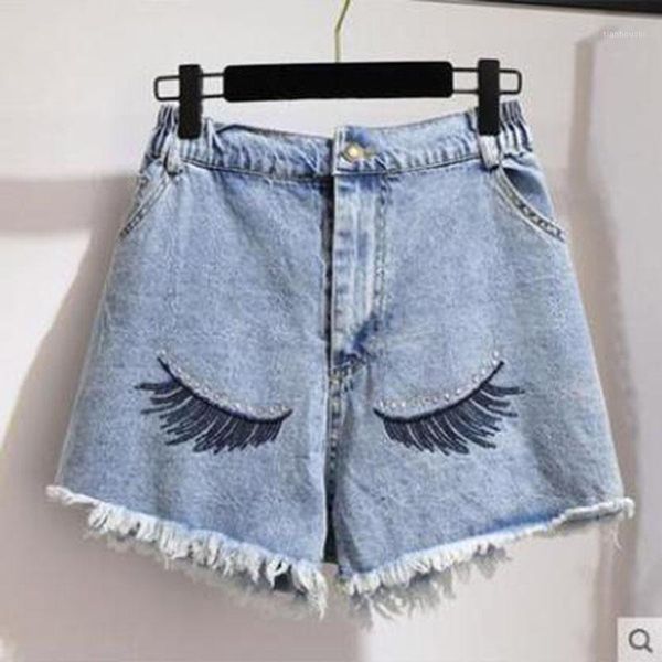 

2020 summer cartoon eva denim shorts women korea hollow out shorts blue jeans casual hole elastic waist large size 2xl -6xl1, White;black
