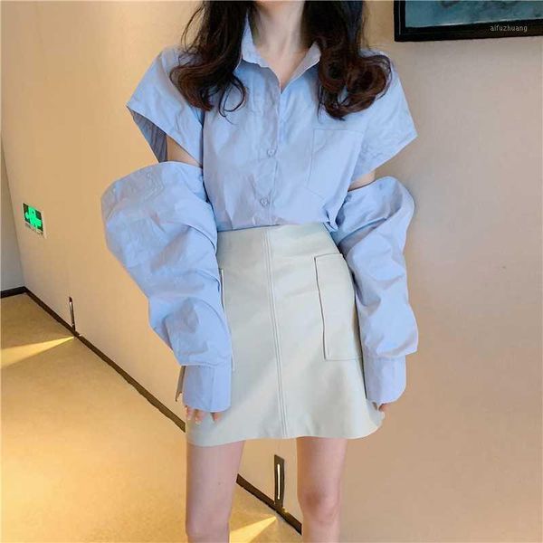 

ewq] 2020 summer long sleeved hole design blue casual lady blouse korean style turn-down collar oversized ladies shirt qv4971, White