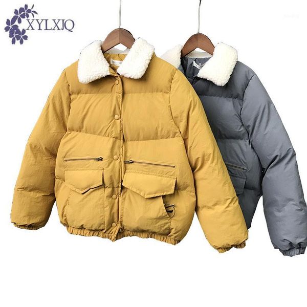 

xylxjq 2018 winter new short coat women's clothes loose outer lamb fur collar ladies jacket straight single-breasted coats sh2081, Black