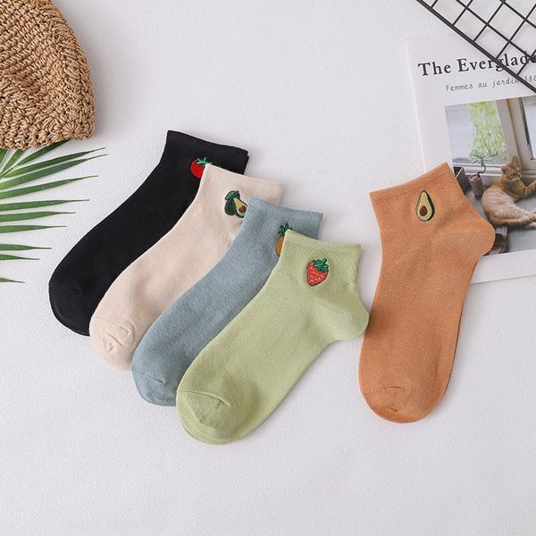 

2020 net red boat and spring and summer women's ins tide new embroidered avocado boat socks short tube student socks ac2zj, Black