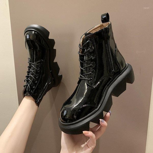 

boots autumn drop fashion black platform winter shoes woman patent leather botas ankle women flats round toe lace up1