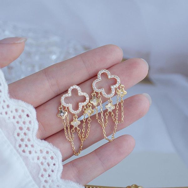 

charm 14k real gold long style tassel earring for lady elegant zirconia drop earring feminia gorgeous jewellery accessories, Silver