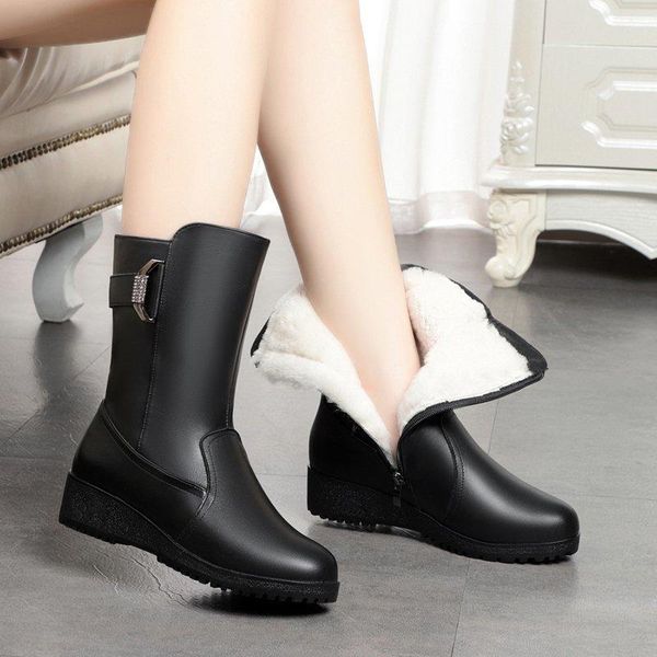 

sfbenz vintage demi-season boots for women pu leather mid-calf shoes woman plus hair 2020 fashion round toe winter wedges boots, Black
