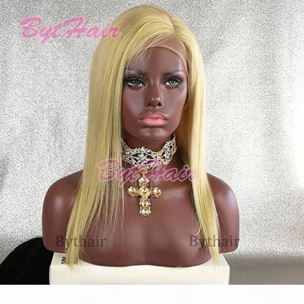

bythair blonde color #613 wigs brazilian natural silky straight left part remy human hair glueless full lace front lace wigs 130 150 density, Black;brown
