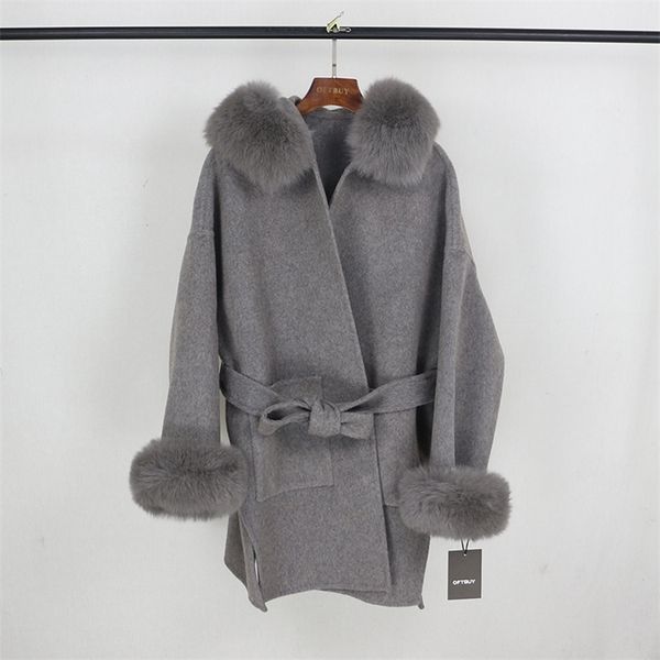 Oftbuy casaco de pele real jaqueta de inverno mulheres natural raposa colar de pele cuffs capoar cashmere lã de lã sobrecarga senhoras outerwear 201210