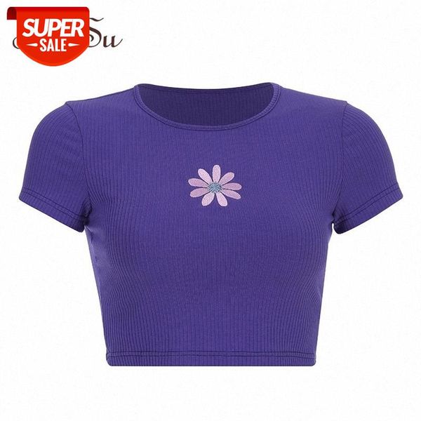 

artsu summer casual basic tshirt women embroidery floral cute crop t shirt korean purple tee shirt women cotton asts20881 #gv1o, White