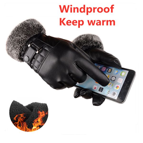 

warm outdoor sports black leather full touch screen riding gloves long finger men' autumn and winter, Blue;gray