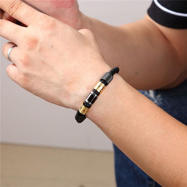 

mkendn men bracelets gold stainless steel black leather bracelet wristband bangle punk style fashion jewlery magnetic clasp bbyyry