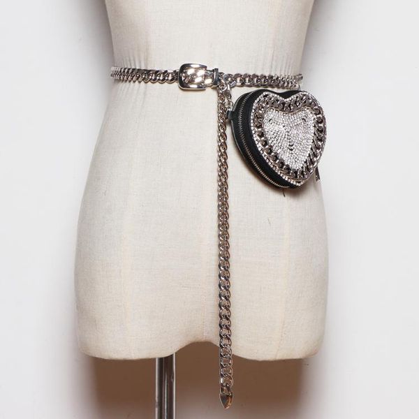

waist bags 2021 heart circular shape chain coin money bag bling rhinestone pu fanny packs detachable mini female messenger