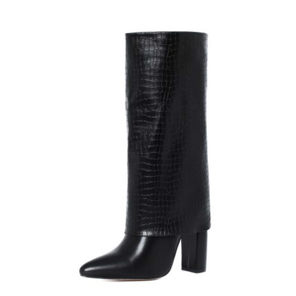 

genuine leather autumn and winter european and american fashion embossed round-toe high-heel one-step boots women's shoes34-42 1026, Black
