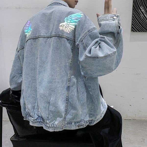 

2021 new privathinker hip hop wings men's denim jackets autumn streetwear men oversized jean coats korean man casual wkza, Black;brown