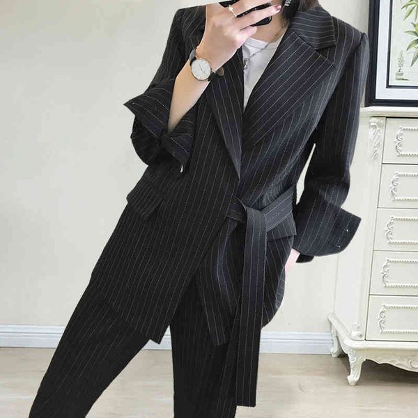 

women's two piece pants women's two-piece spring and autumn striped belt suit pants fashion elastic waist jpv5, White