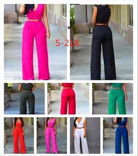 

13 colors s-xxl women jumpsuit summer sleeveless v-neck long overalls elegant rompers bow playsuit with pu waist belt, Black;white