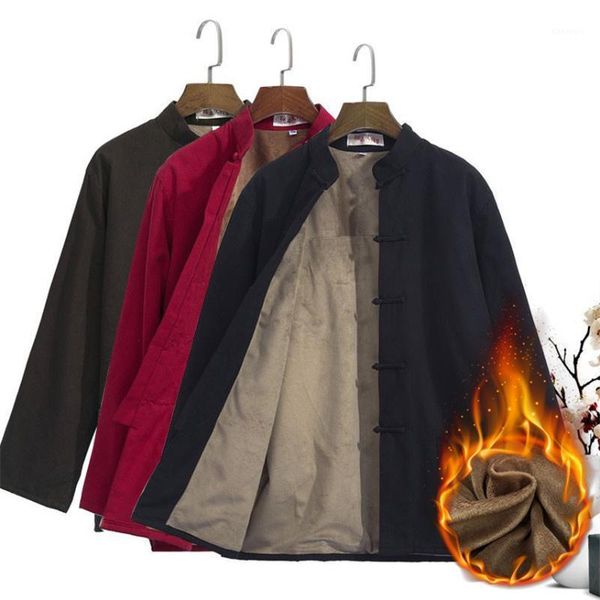 

men's casual jacket autumn winter plus velvet coat traditional chinese tang suit coat tai chi uniform cotton 1, Red