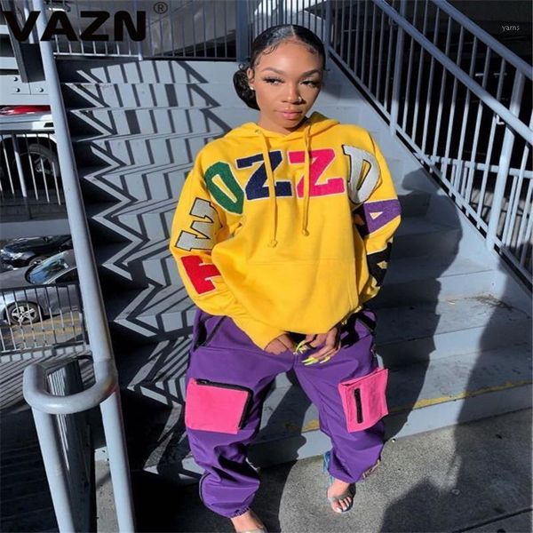

vazn 2020 new plus size age reduction high street lazy daily casual yellow letter hooded full sleeve women long hoodies1, Black