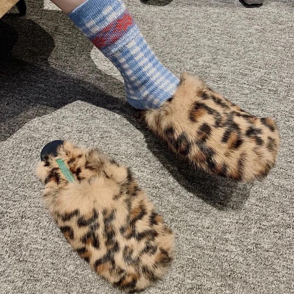 

slippers women's leopard furry fur warm flat casual shoes b272, Black