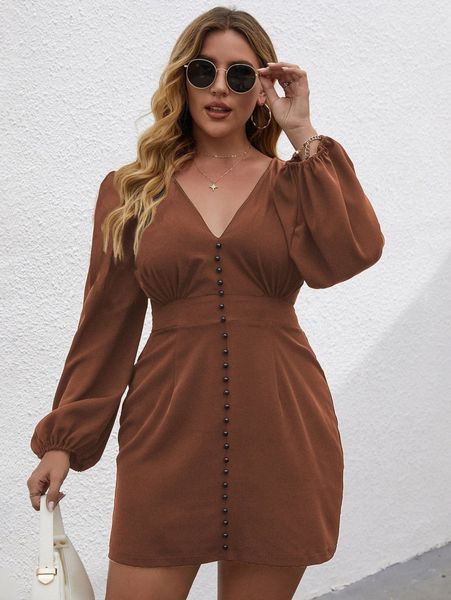 

plus single breasted ruched v neck dress r26t#, Black