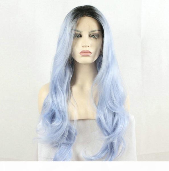 

fantasy beauty fantasy beauty dark root ombre pastel blue heat resistant fiber hair long nature wave light blue synthetic lace front wigs, Black