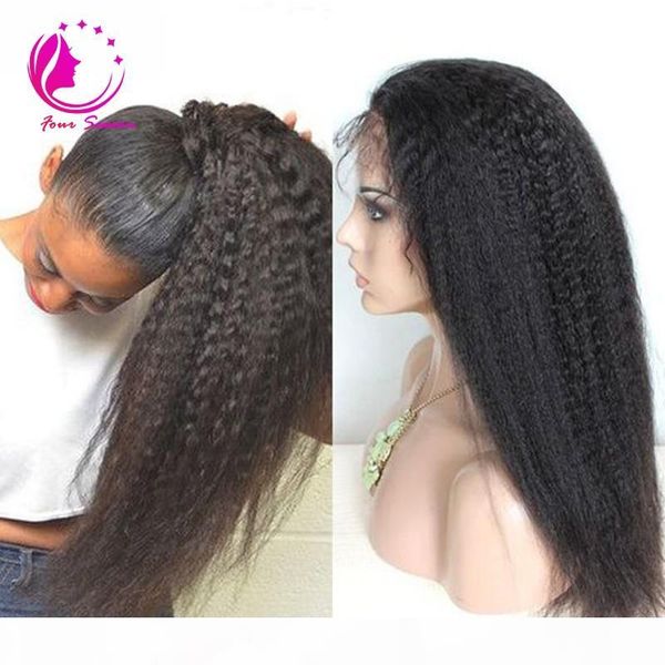 

unprocessed virgin high ponytail full lace wig brazilian kinky straight coarse yaki human hair full lace wigs for black women, Black;brown
