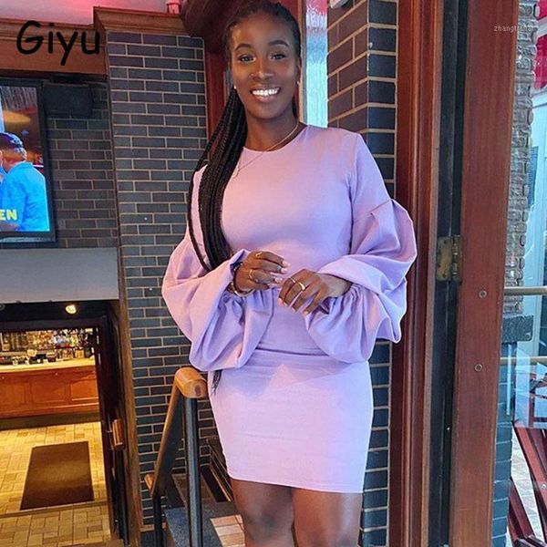 

giyu woman night club party dress bodycon o neck lantern sleeve mini dresses 2021 autumn elegant vestidos women clothing1, Black;gray