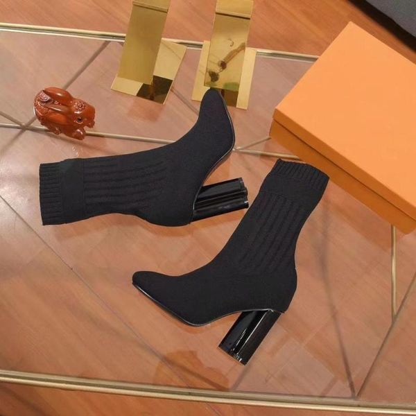 

prowow fashion strange heel mesh sock boots lady embroidery elastic fabric knee high boots women luxury high heel, Black