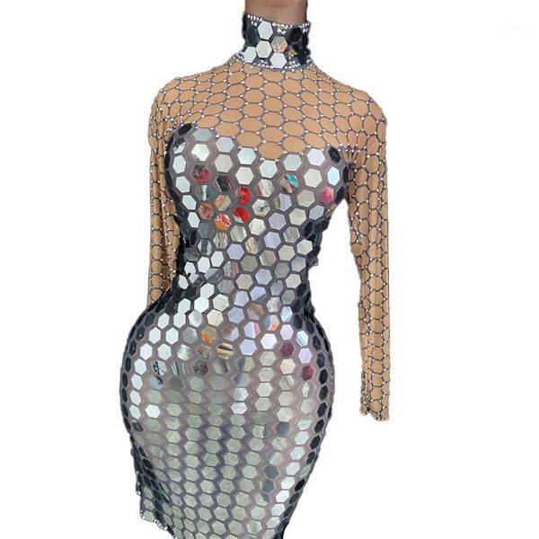

shining rhinestones mirror transparent short dress women birthday celebrate prom party dresses bar stage dance show costume1, Black;red