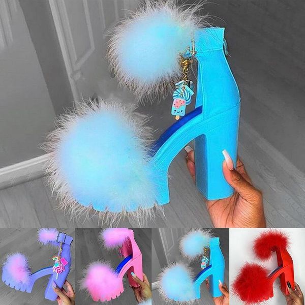 

fashion shoes women sandalias mujer summer sandals female buckle strap furry chunky high heel nightclub party pupms 35-43, Black