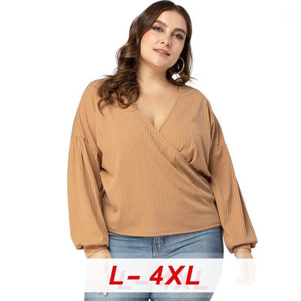 

2020 autumn new plus size for women large long sleeve lantern sleeve loose casual v neck low-cut woman t-shirt khaki1, White