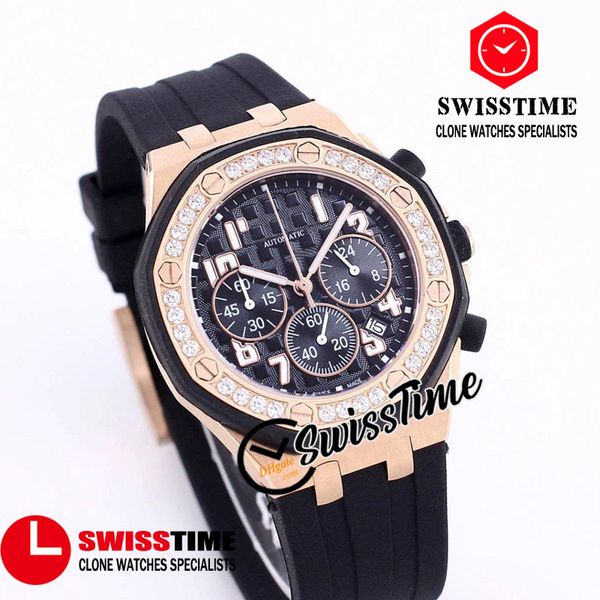 

sale new 37mm 26048 quartz chronograph womens watch black texture dial satch rose gold diamond bezel rubber ladies watches swisstime a07, Slivery;brown