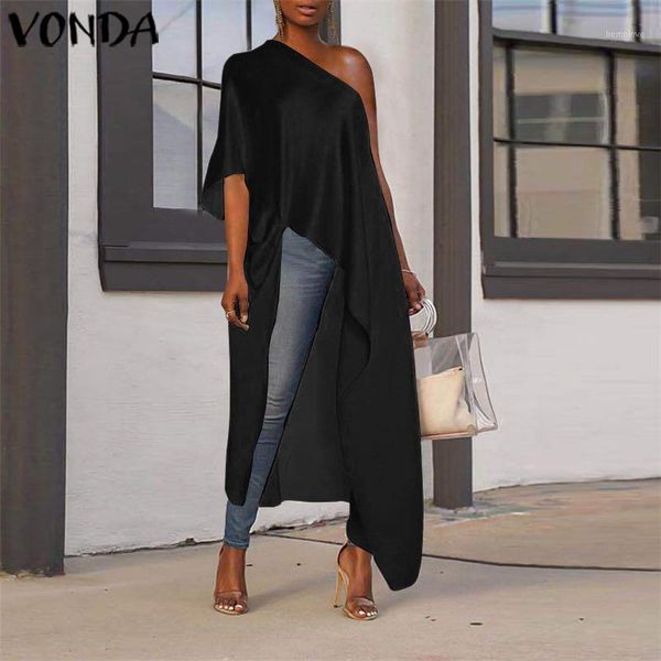 

vonda women asymmetrical blouse 2020 summer casual split hem party long ladies office shirts tunic plus size blusas1, White
