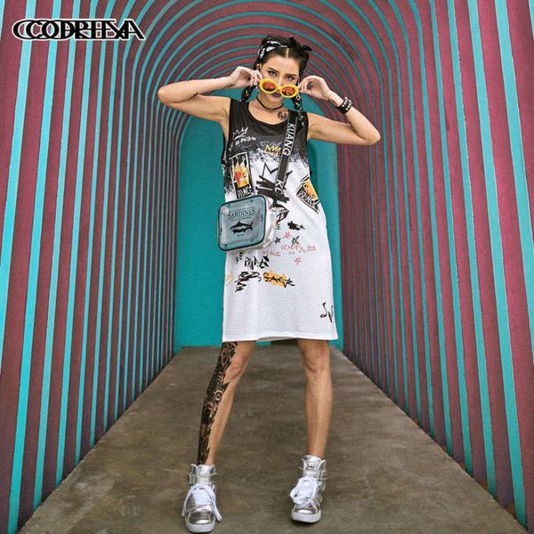 

hop fashion creative street summer hip women's t-hole crew neck loose dress, Black;gray