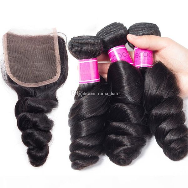 

loose wave 4*4 middle part lace closure with bundles pre plucked closure with baby hair loose wave brazilian virgin hair 3 bundles, Black;brown
