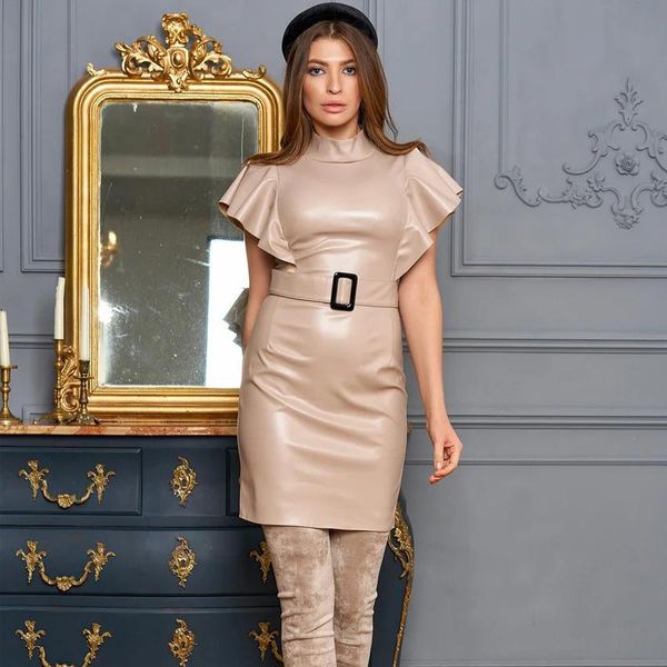 

party sleeveless stand collar pu leather dresses woman club solid belt ruffle mini a-line dresses 2021 new style, Black;gray