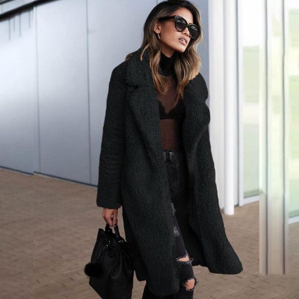 

women casual coat lapel warm long sleeve solid jacket cardigan outwear autumn winter ladies artificial fleece trench, Black;brown