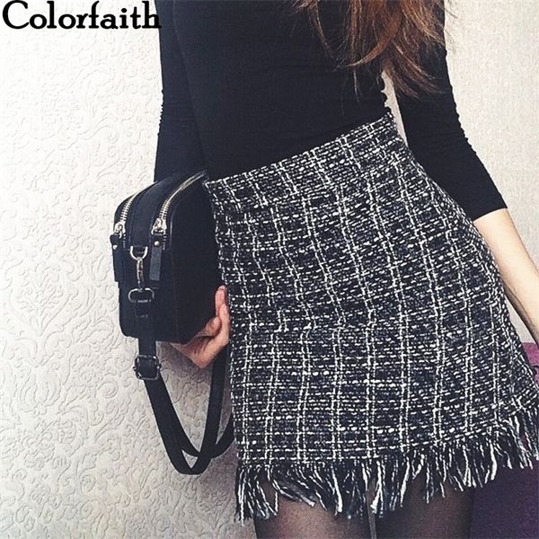 

colorfaith 2019 women woolen mini skirt autumn winter vintage straight plaid tassel skater skirt high waist femininas sk5583 1014, Black