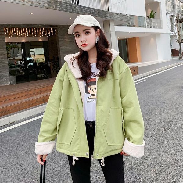 

lucyever winter thicken plush warn jacket women zipper lonf sleeve hooded parka woman casual simple loose cotton coat ladies1, Black